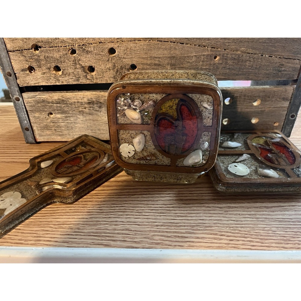 retro 3 Lucite napkin holder & spoon Rest Trivet, & orig label 1974, Shells Sand